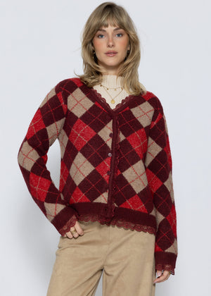 Strickjacke mit Rautenmuster und Spitzenborte - beere