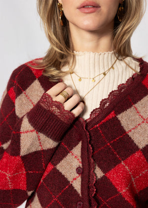 Strickjacke mit Rautenmuster und Spitzenborte - burgundy