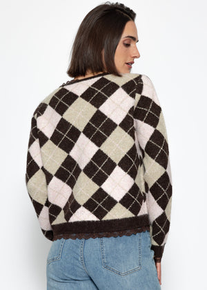 Cardigan with diamond pattern and lace trim - brown