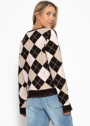 Cardigan with diamond pattern and lace trim - brown