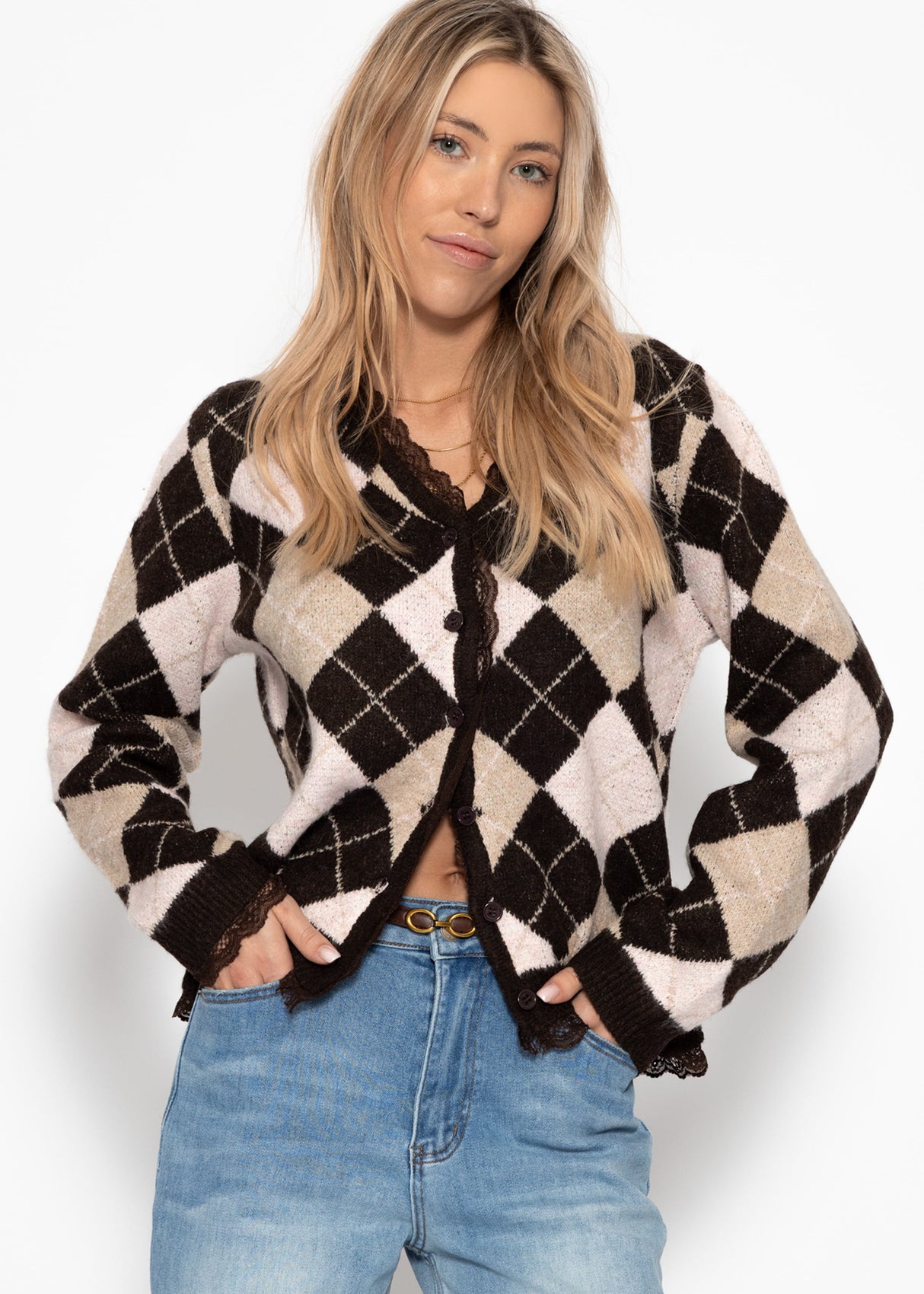 Cardigan with diamond pattern and lace trim - brown