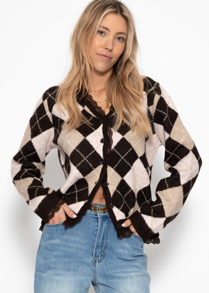 Cardigan with diamond pattern and lace trim - brown