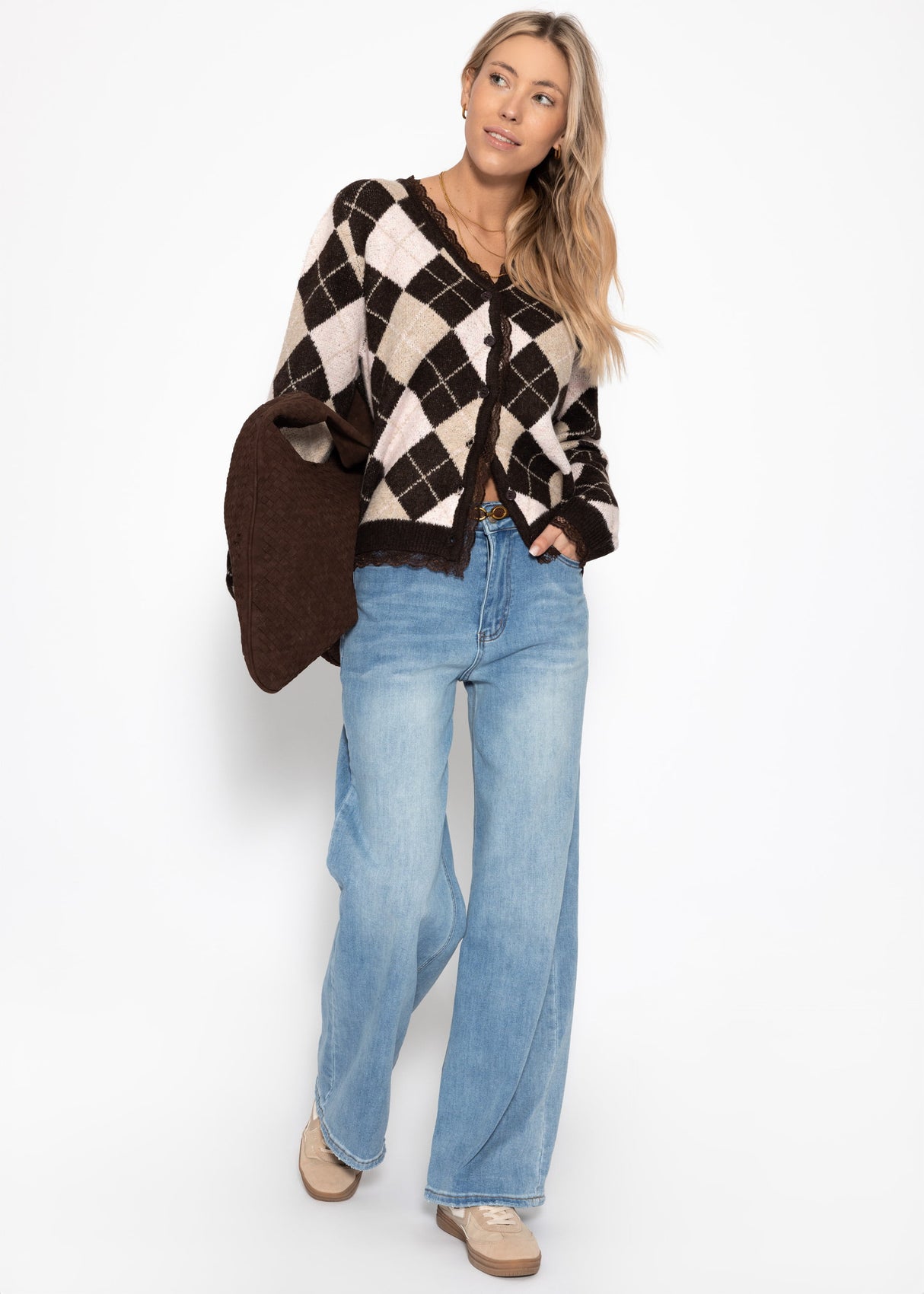 Cardigan with diamond pattern and lace trim - brown