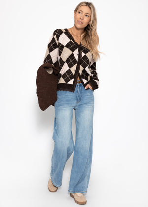 Cardigan with diamond pattern and lace trim - brown