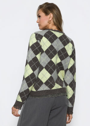 Strickjacke mit Rautenmuster und Spitzenborte - grau