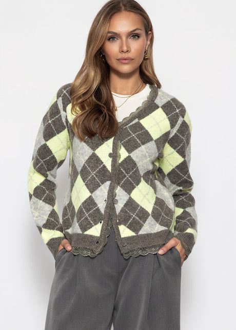 Strickjacke mit Rautenmuster und Spitzenborte - grau