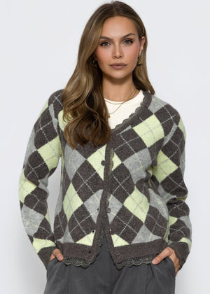 Strickjacke mit Rautenmuster und Spitzenborte - grau