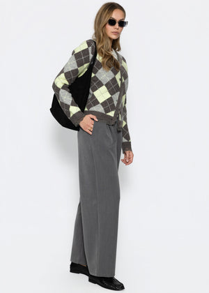 Strickjacke mit Rautenmuster und Spitzenborte - grau