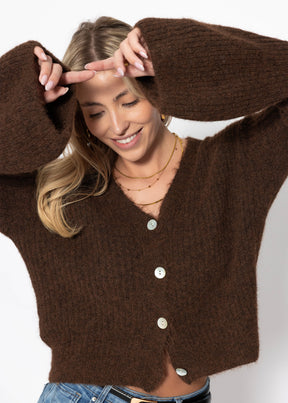 Strickjacke mit Trompetenärmeln - braun