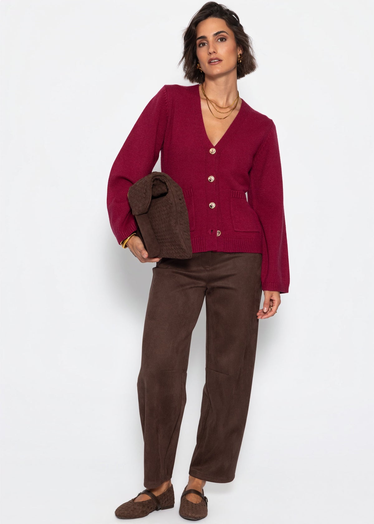 Strickjacke mit V-Ausschnitt und Goldknöpfen - beere