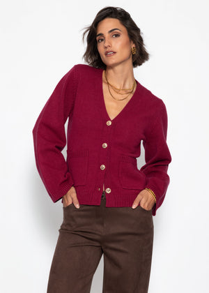 Strickjacke mit V-Ausschnitt und Goldknöpfen - beere