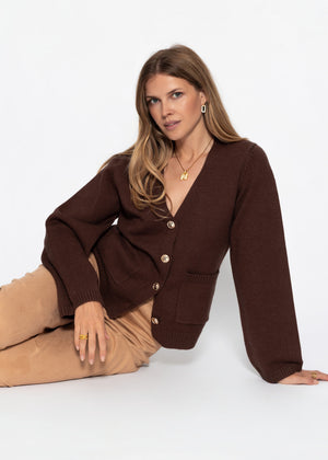 Strickjacke mit V-Ausschnitt und Goldknöpfen - braun