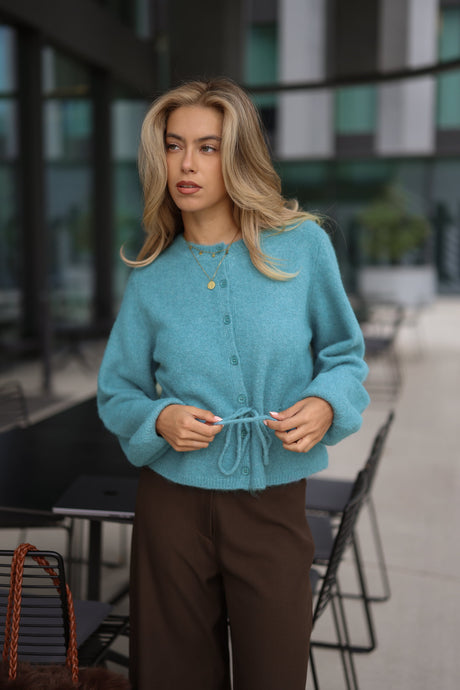 Strickjacke mit verstellbarem Kordelzug - petrol
