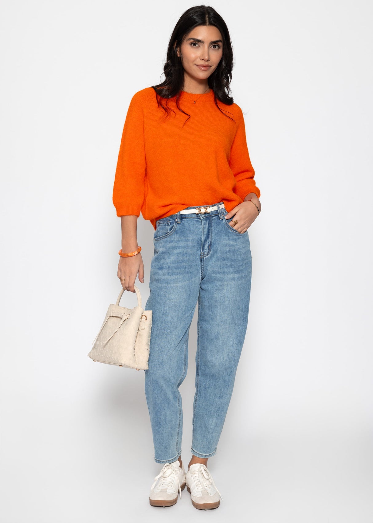 Strickpullover mit halblangen Ärmeln - orange