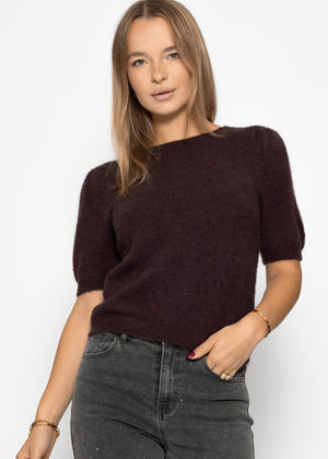 Knitted top with puff sleeves - aubergine brown