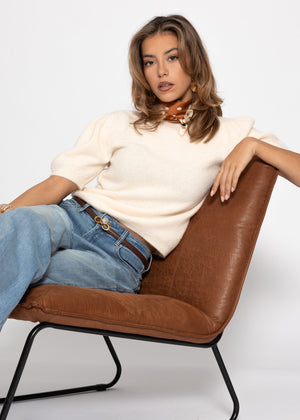 Knitted top with puff sleeves - cream