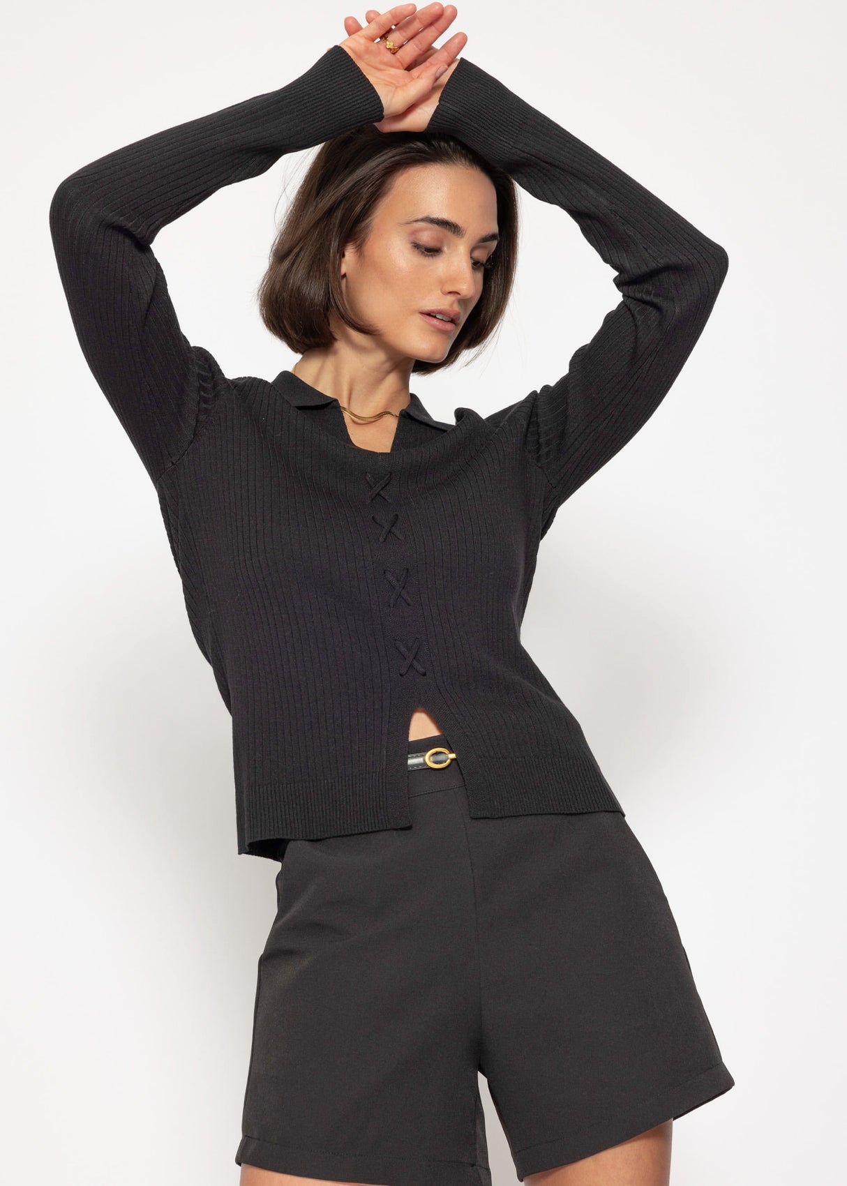 Knitted top with lace-up detail - black