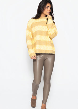 Strickpullover mit Blockstreifen - gelb-taupe