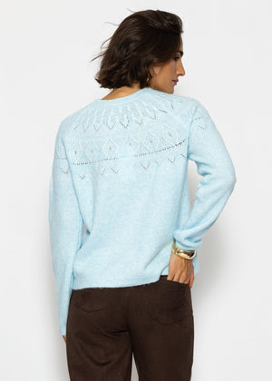 Strickpullover mit feinem Ajour-Norwegermuster- hellblau