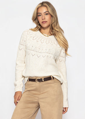Strickpullover mit feinem Ajour-Norwegermuster- offwhite