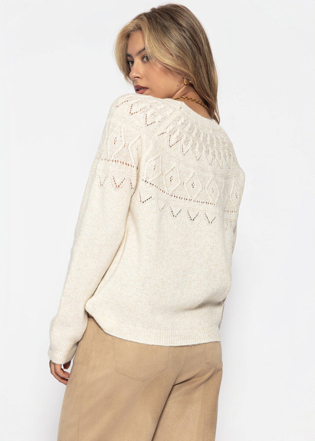 Strickpullover mit feinem Ajour-Norwegermuster- offwhite