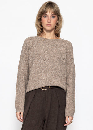 Knit jumper with fine openwork Fair Isle pattern - taupe