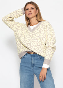 Strickpullover mit Leopardenmuster - beige-gelb