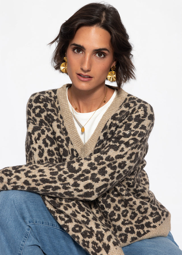 Knit jumper with leopard print - brown-taupe