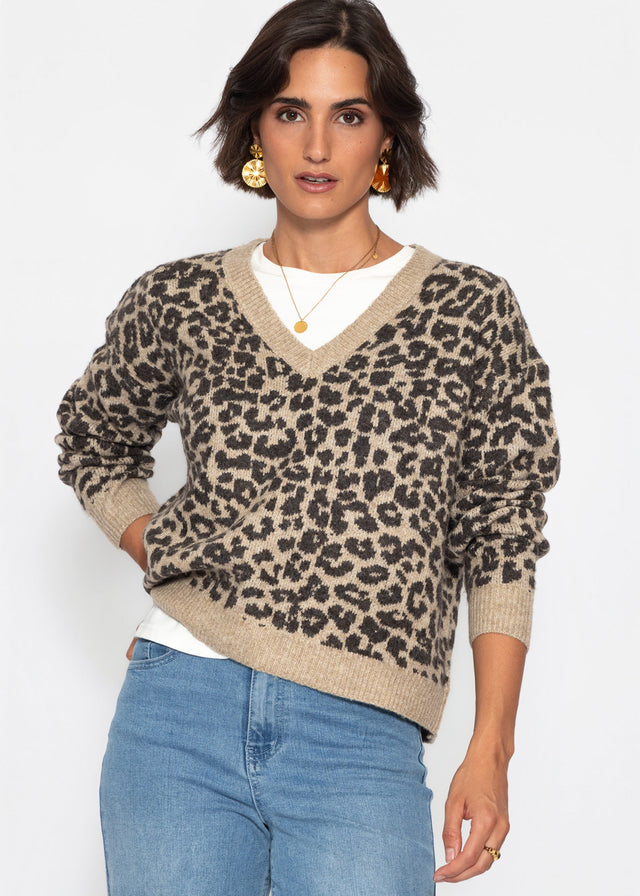 Knit jumper with leopard print - brown-taupe