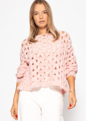 Strickpullover mit Lochmuster - rosa