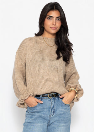 Strickpullover mit Rüschenärmeln - beige