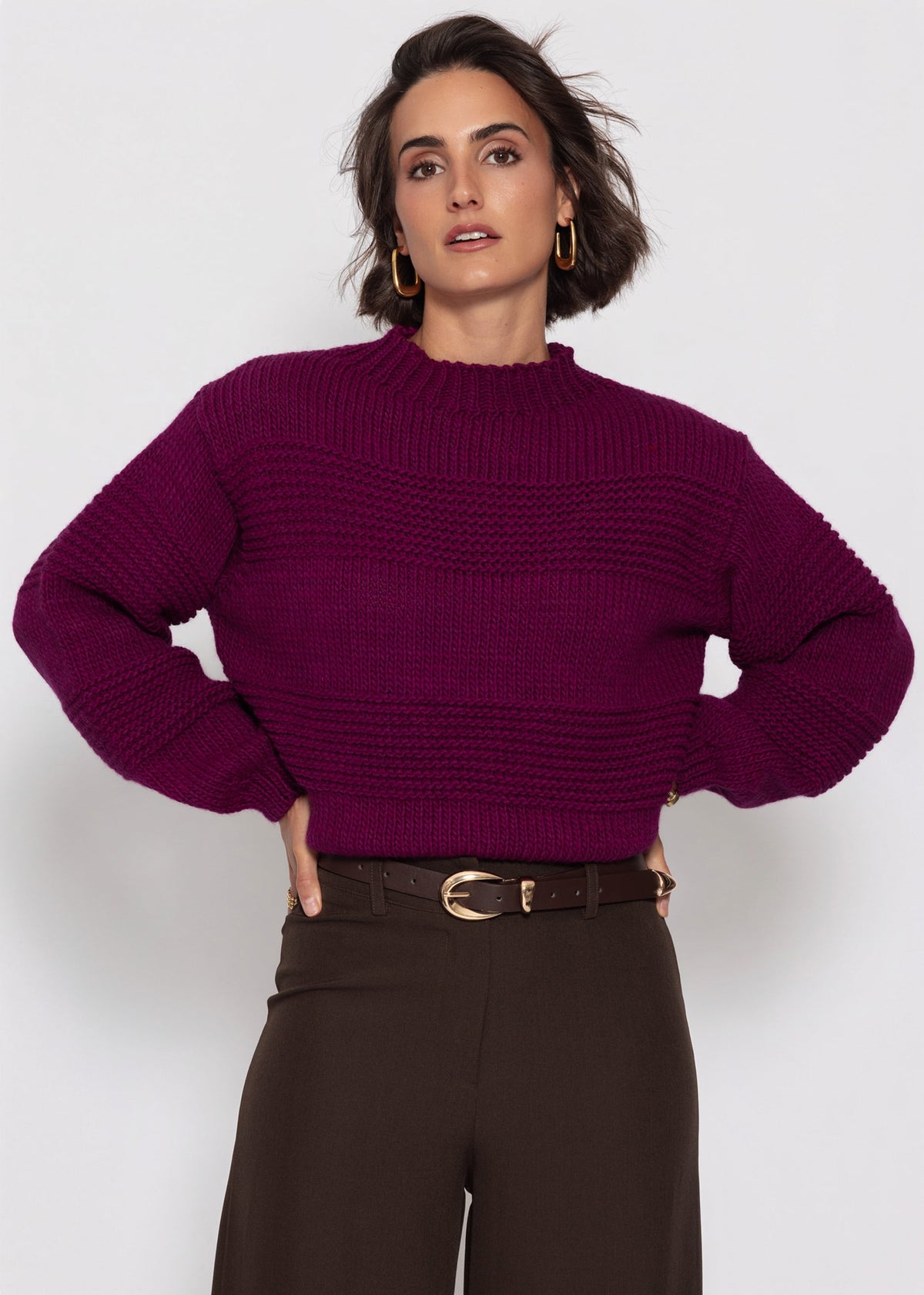 Strickpullover mit Strukturstreifen - plum