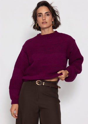 Strickpullover mit Strukturstreifen - plum