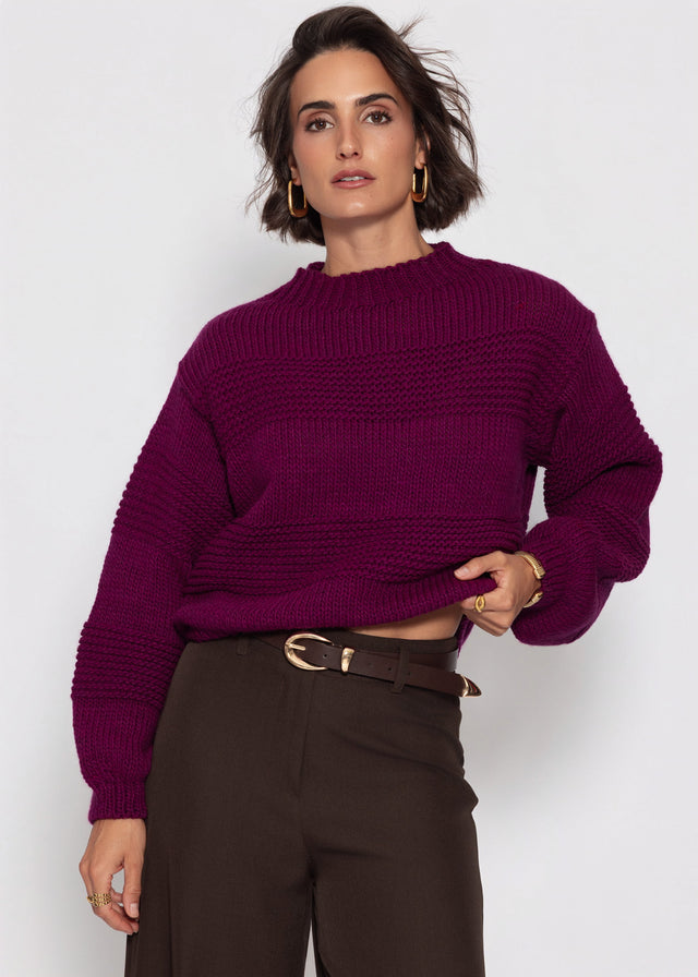 Strickpullover mit Strukturstreifen - plum