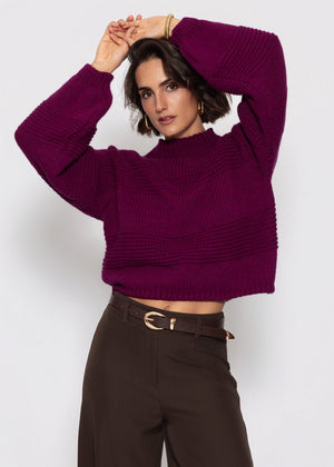 Strickpullover mit Strukturstreifen - plum