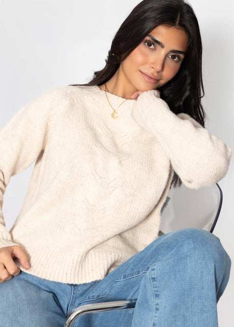 Strickpullover mit Zopfmuster - beige