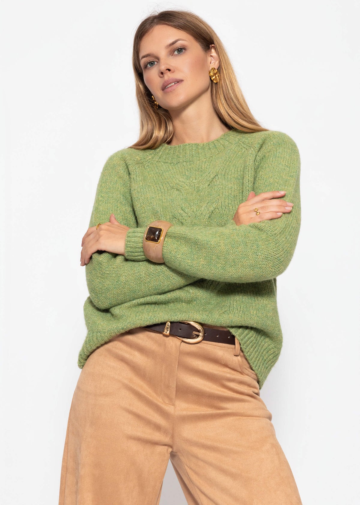 Knit jumper with cable pattern - green