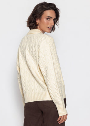 Strickpullover mit Zopfmuster und Kragen - offwhite