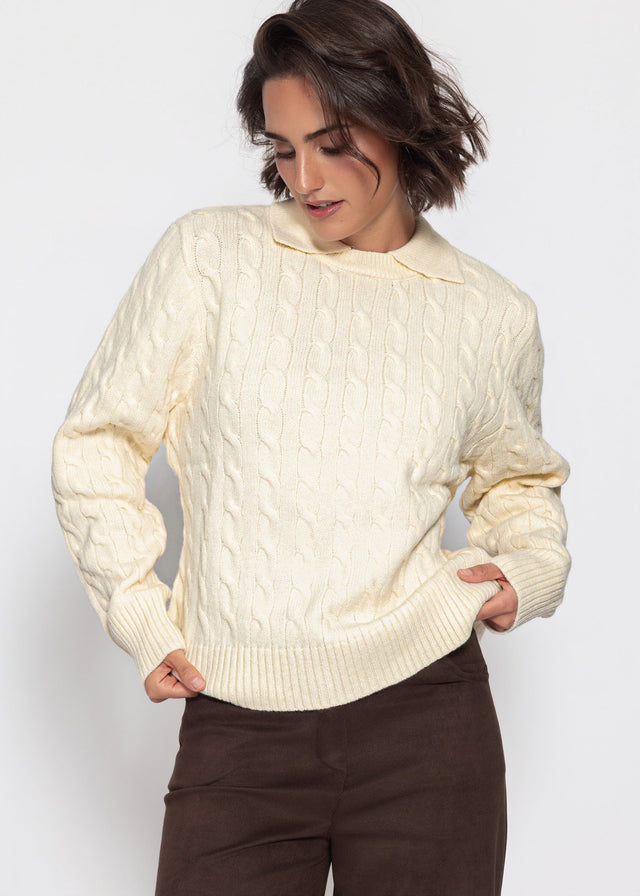 Strickpullover mit Zopfmuster und Kragen - offwhite