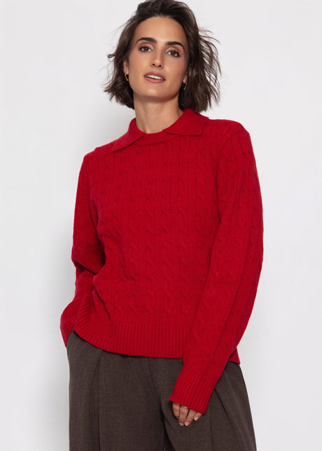 Strickpullover mit Zopfmuster und Kragen - rot