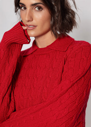 Strickpullover mit Zopfmuster und Kragen - rot
