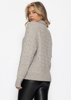 Strickpullover mit Zopfmuster und Kragen  - taupe