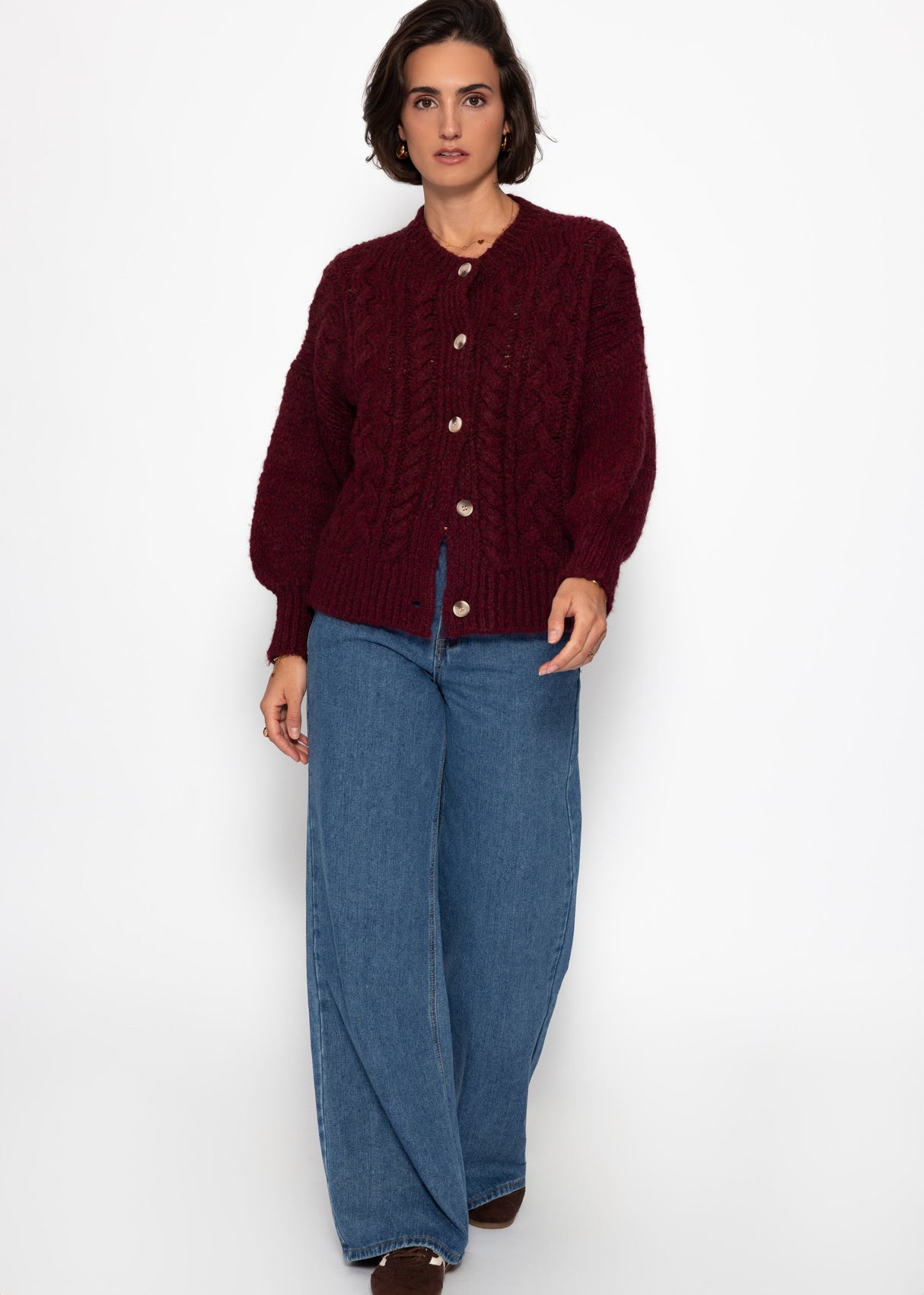 Super fluffy cable-knit cardigan - burgundy
