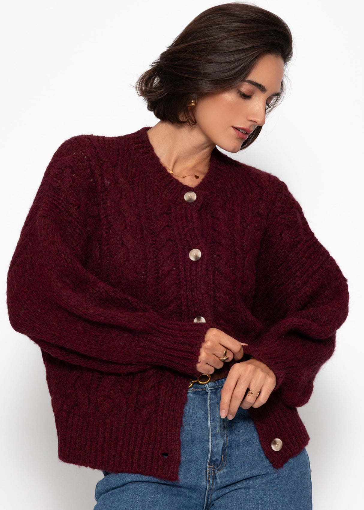 Super fluffy cable-knit cardigan - burgundy