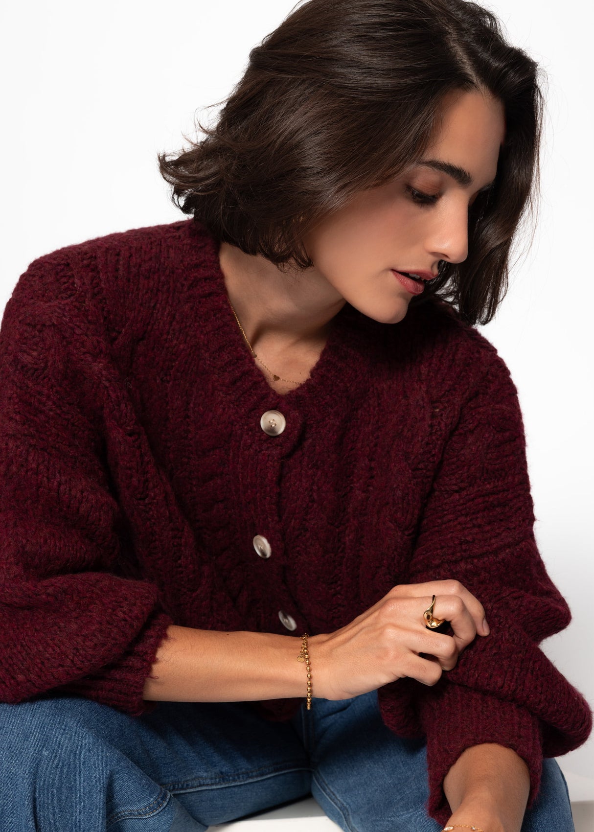 Super fluffy cable-knit cardigan - burgundy
