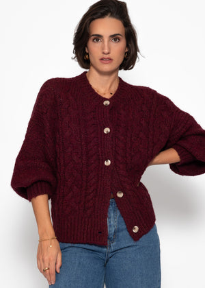 Super fluffy cable-knit cardigan - burgundy