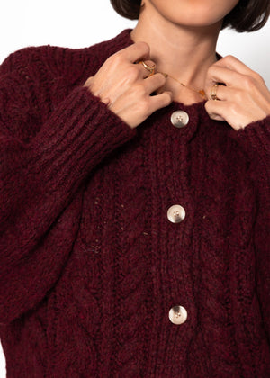 Super fluffy cable-knit cardigan - burgundy