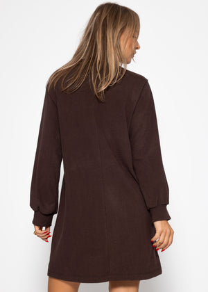 Sweat dress with stand-up collar - brown
