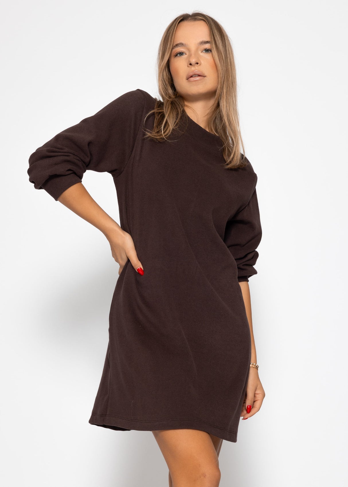 Sweat dress with stand-up collar - brown