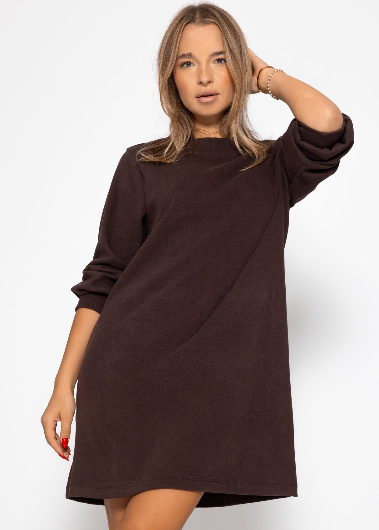 Sweat dress with stand-up collar - brown